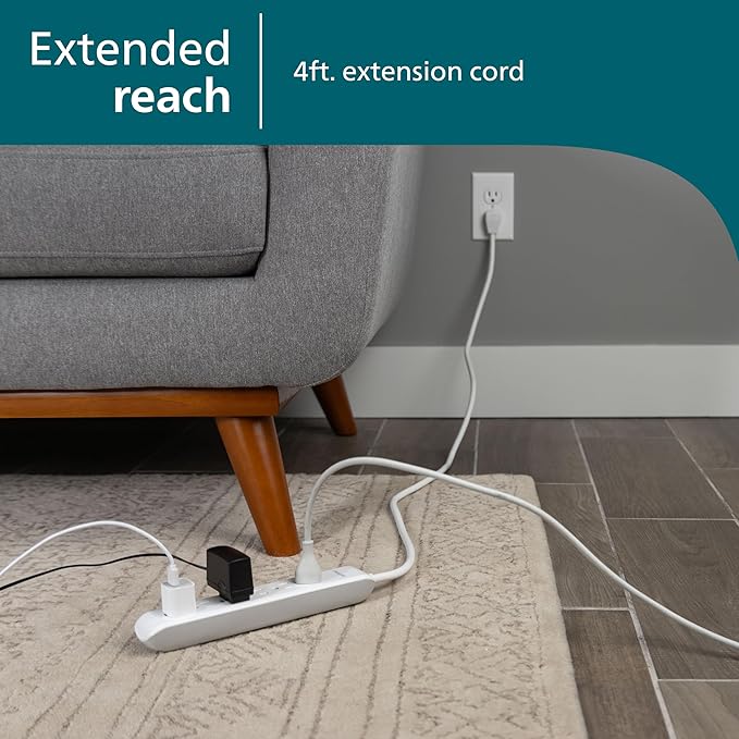 Philips 6 Outlet Power Strip Surge Protector, 4ft Power Cord, Flat Plug, Wall Mount, 720 Joules, ETL Listed, Circuit Breaker, Automatic Shutdown, White, SPP3064WE/37