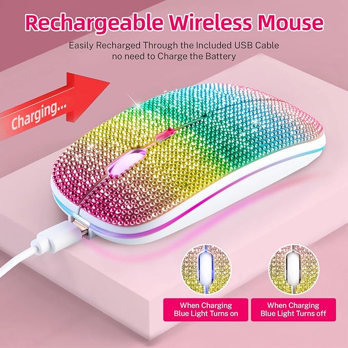 Bluetooth Mouse,Bling Dazzling 2.4GHz Rechargeable Wireless Mouse Slim with USB Receiver, Compatible with Notebook, PC, Laptop, Computer, MacBook,Great Gift idea for Her (Rainbow)