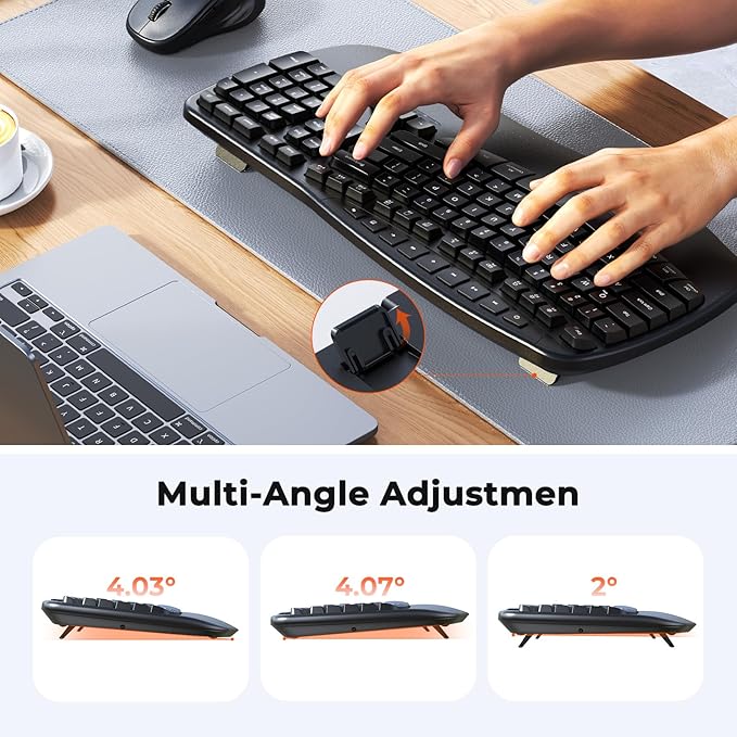 MEETION Ergonomic Keyboard and Mouse Wireless Combo, Wave Keys Natural Typing, 2.4G USB Receiver Wireless Keyboard with Wrist Rest, 4 Adjustable DPI Optical Mouse, Computer/Laptop/Windows/Mac, Black