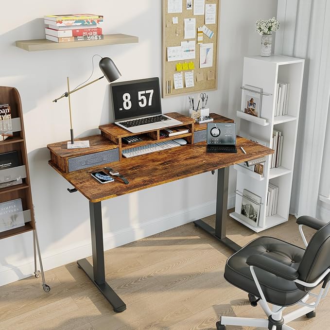 55 x 24 Inch Electric Standing Desk with 2 Drawers, Adjustable Height Desk with Storage Shelf, 3 Preset Heights, 2 Hooks and Cable Management, Ergonomic Rising Computer Table for Home Office