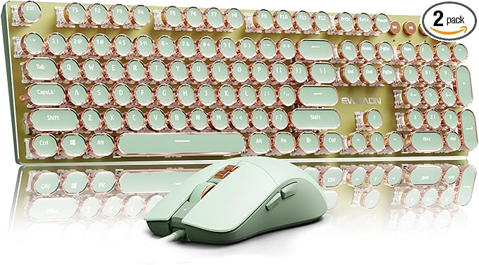 EWEADN Wired Typewriter Keyboard and Mouse Combo, Typewriter Style Mechanical Gaming Keyboard,104 Keys Backlit LED Keyboards, Media Control Knob, Wired Keyboard Pink Switch for Windows/Mac/PC-Green