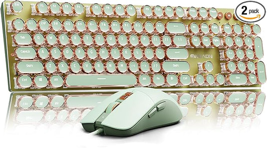 EWEADN Wired Typewriter Keyboard and Mouse Combo, Typewriter Style Mechanical Gaming Keyboard,104 Keys Backlit LED Keyboards, Media Control Knob, Wired Keyboard Pink Switch for Windows/Mac/PC-Green