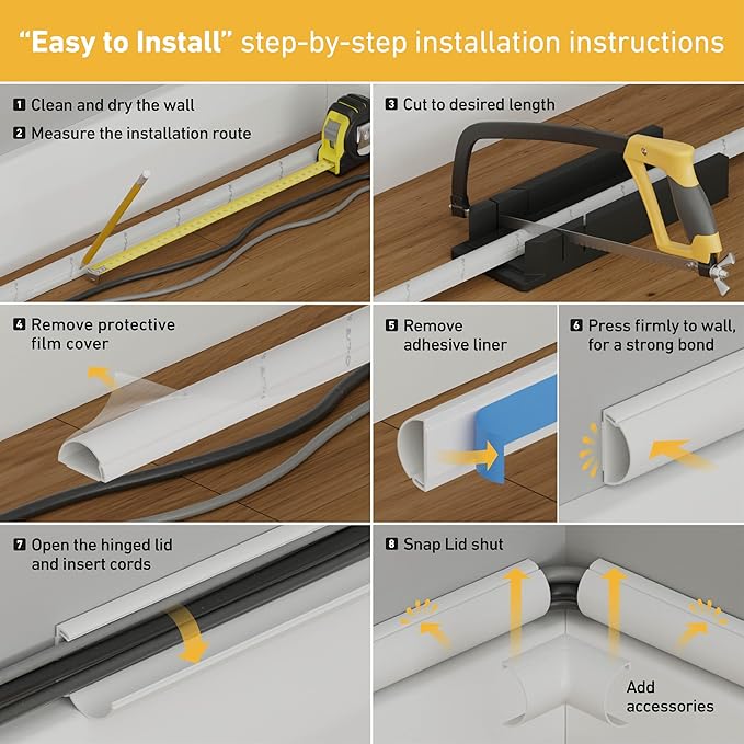 D-Line Half Round Cord Hider, Patented Cable Cover, Hide TV Wall Mount Wires, Raceway for Cords, Decorative Wire Covers, Paintable, Adhesive Cable Concealer, 10x 0.78in W x 0.39in H x 15.7in L, White