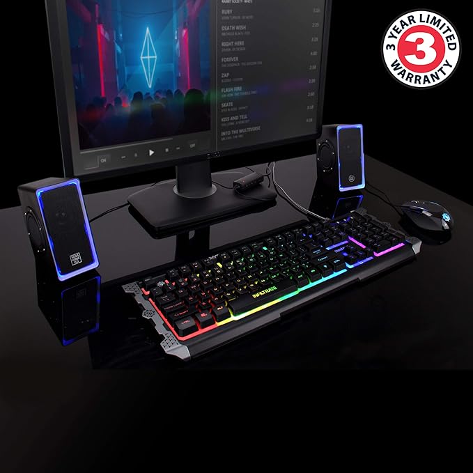 GOgroove Gaming Computer Speakers with Blue LED Light - SonaVERSE O2i Speakers for Desktop, Laptop, PC - USB Speaker 2.0 with AUX Input, in-Line Volume Control, Bass Stereo Sound, 14W (Black)