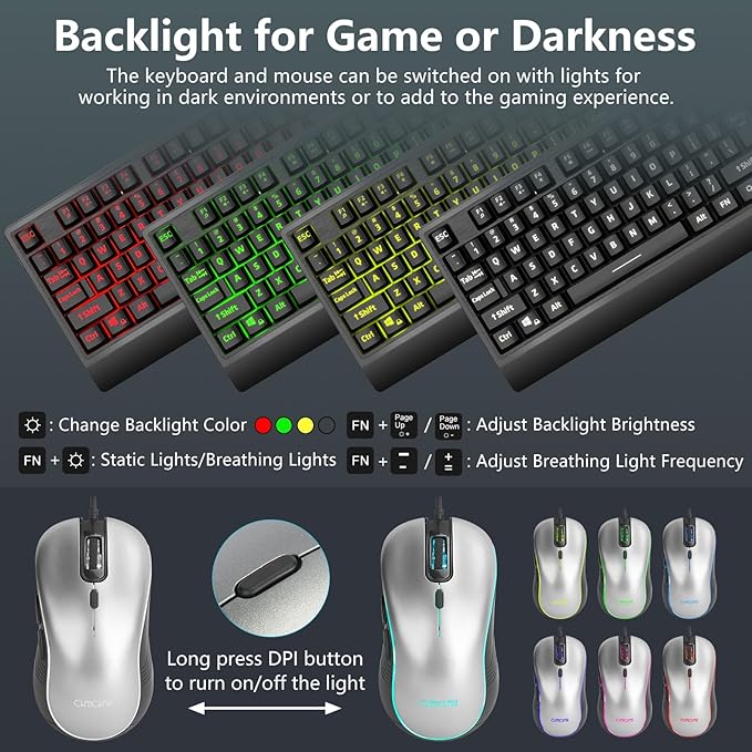USB Wired Keyboard and Mouse Combo with Red-Yellow-Green LED, Silent Gaming Keyboard with 12 Mulitmedia Keys, Light Up Large Print for Elderly, Low Vision, RGB Backlit Mouse for PC Computer PS5 Laptop