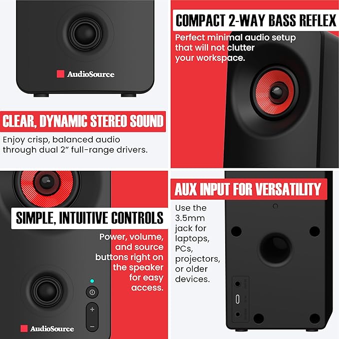 Audiosource Desktop PC Speakers with Bluetooth 5.3, USB-C Plug & Play, 2.0 Stereo Computer Speakers with Dual 2" Drivers, AUX Input, LED Indicator, Compact Design for PC, Laptop & Home Office (Black)