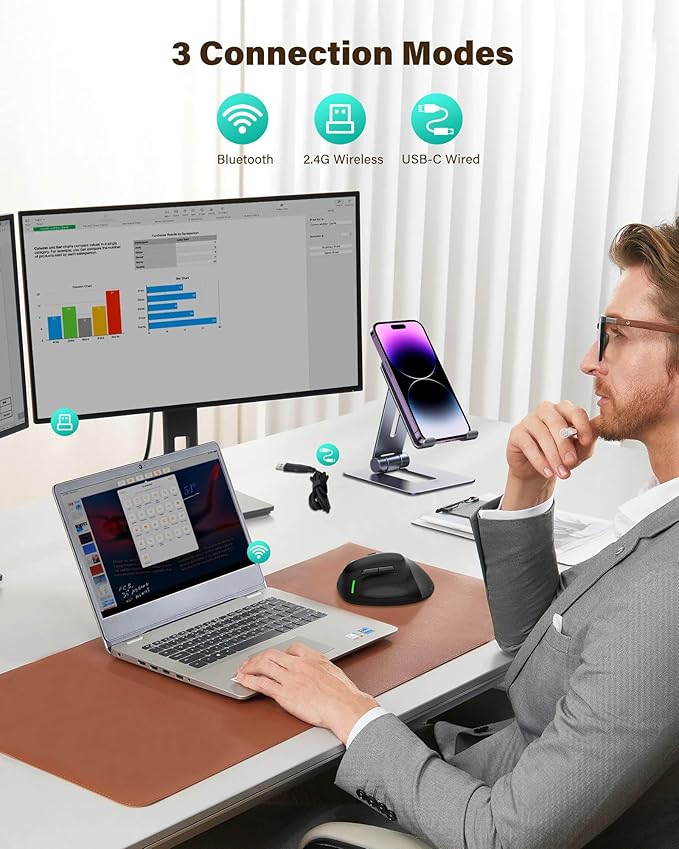 XUANGUI Vertical Ergonomic Quiet Wireless Mouse Rechargeable, Bluetooth 5.1/2.4G/USBC Tri-Mode Cordless Computer Mice for Large and Medium Hands, Max 4800 DPI, Type C Witeless for PC Laptop Mac Tablet