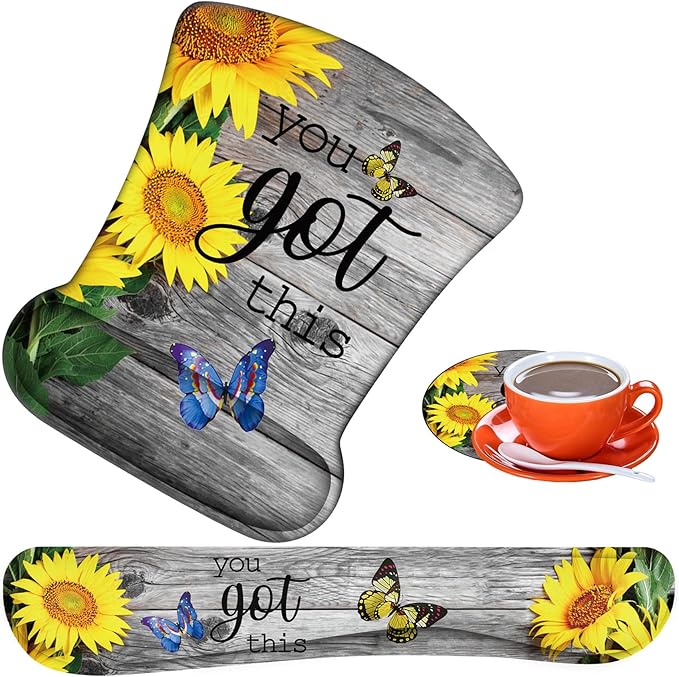 Ergonomic Mouse Pad, Mouse Wrist Rest Pad + Keyboard Wrist Rest Pad + Coaster, Made of Memory Foam, Easy to Use and Relieve Wrist Pain, Computer, Games, Office, Home - You Got This and Sunflower