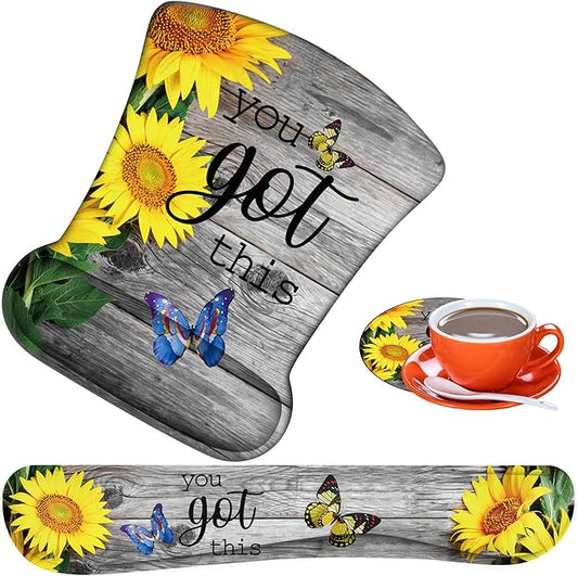Ergonomic Mouse Pad, Mouse Wrist Rest Pad + Keyboard Wrist Rest Pad + Coaster, Made of Memory Foam, Easy to Use and Relieve Wrist Pain, Computer, Games, Office, Home - You Got This and Sunflower