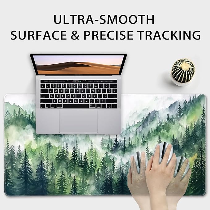 Misty Forest Mountain Large Gaming Mouse Pad 31.5"x15.7"｜XXL Desk Mat, Non-Slip Rubber Base & Stitched Edges - Extended Waterproof Mousepad for PC/Laptop/Office/Home Decor