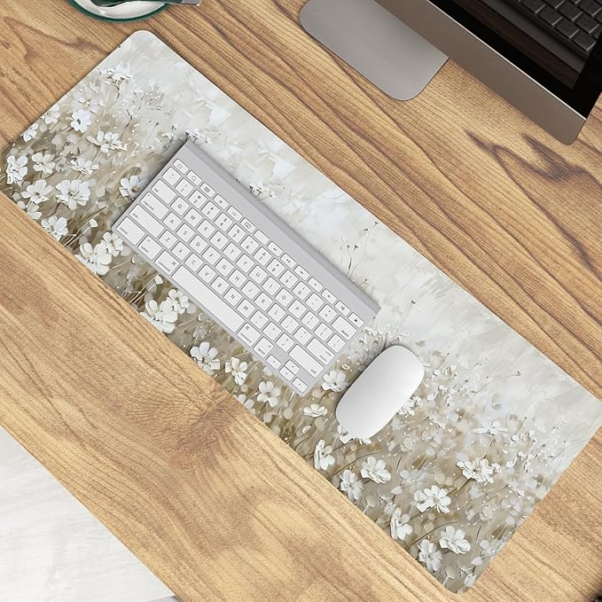 Beige Spring Floral Mouse Pad,Summer Wildflower Aesthetic Mouse Pads,Cottagecore Flower Desk Mat,Cream Floral Botanical Mousepad for Home Office Dorm Desktop Decor,31.5x11.8 Inch