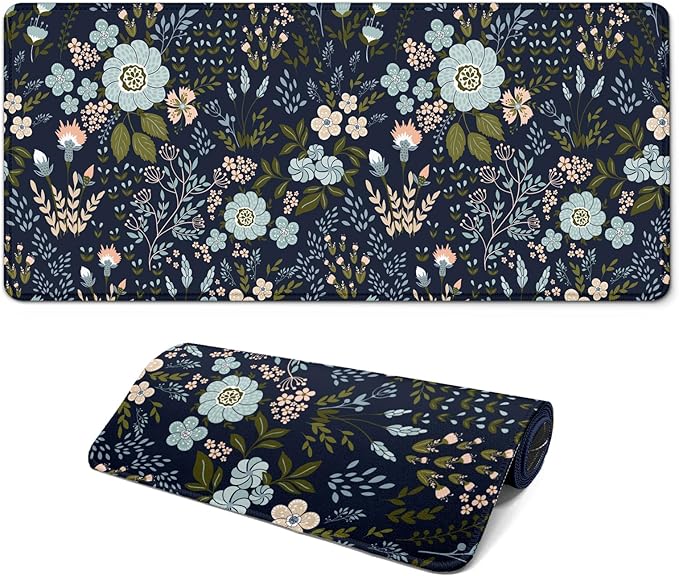 Gaming Mouse Pad, Large 31.5 x 11.8 inches Mousepad, Long Keyboard Pad, Cute Mouse Mat for Computer with Stitched Edges and Non-Slip Base (Black Flowers)