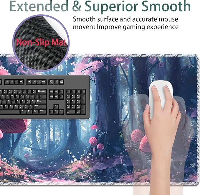 Large Gaming Mouse Pad + Keyboard Wrist Rest + Wrist Support + Coaster Set, Memory Foam Ergonomic for Easy Typing, XXL Extended Gaming Mouse Pad Table Pad - Mushroom Forest