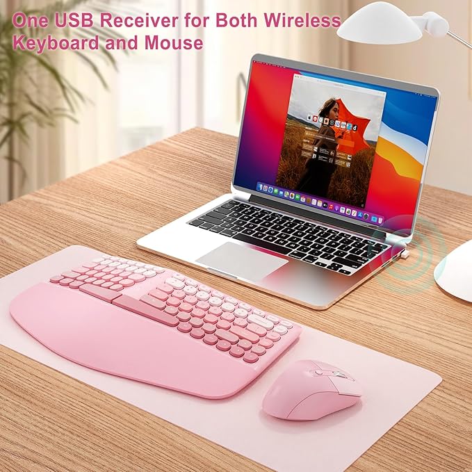 Ergonomic Wireless Keyboard Mouse, Mechanical Gaming Set with Wrist Rest & OTG & Brush Ideal for Windows PC, Home, Office and College Pink