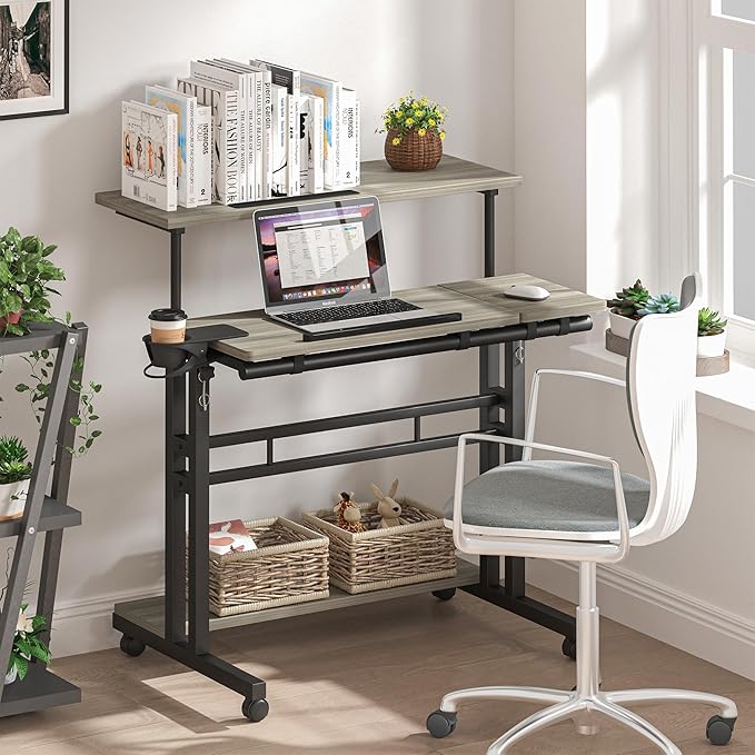 Panta Mobile Standing Desk, Adjustable Rolling Computer Desk with 3 Desktops, Portable Laptop Table with Cup Holder, Home Office Laptop Workstation on Lockable Wheels, Grey Oak