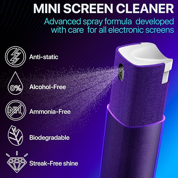 Mini Screen Cleaner Spray – Finger Proof Screen Cleaner for Smartphones, iPads, MacBooks, Laptops, Car Screens, Touchscreens – 3in1 Mist Cleaner, Microfiber Cloth and Protective Cover (Red)