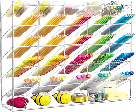 BEYGORM Acrylic Vertical Marker Organizer for 310 Markers with 26 Compartments, Clear Angled Pen & Pencil Holder, Large Desk Stationery & Art Supply Storage for Office & School (14.9 x 12.4 x 4 Inch)