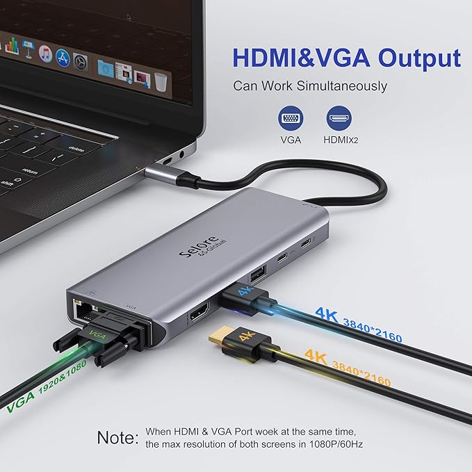 USB C Docking Station Dual Monitor, 14-in-1 Triple Display Dual 4K HDMI & VGA, 10Gbps Data Transfer, 100W PD, Gigabit Ethernet, SD/microSD Card Reader, Audio - USB-C Hub for Dell HP Lenovo MacBook