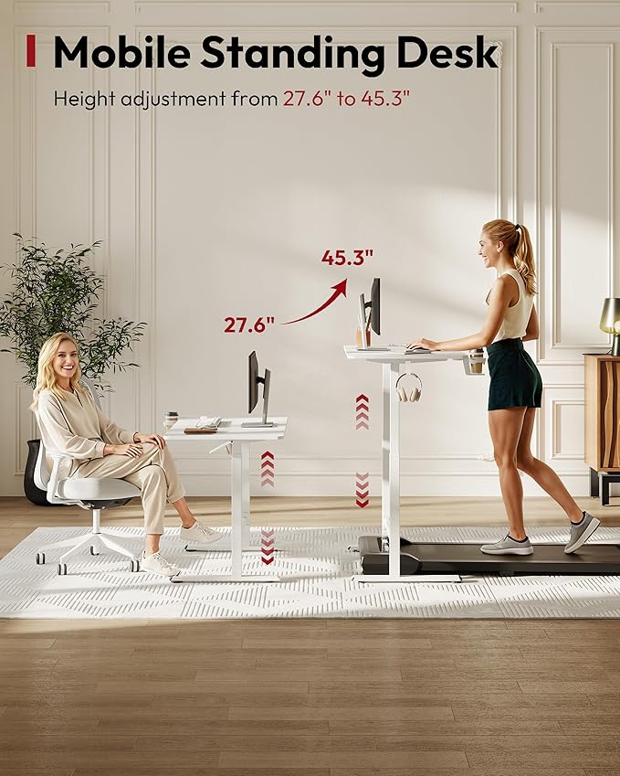 SANODESK Mobile Workstation Standing Desk with Gas-Spring Lift, Rolling Desk 32x20''Adjustable Height, One-Piece Desktop Workstation，Walking Pad & Treadmill Compatible, Portable Home Office