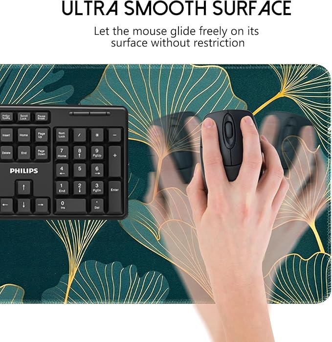 Spring Desk Mat,Large Gaming Mouse Pad for Desk,Non-Slip Rubber Base Desktop Protector Mat,Gold Line Leaves Mouse Pad for Keyboard, Laptop & Computer, 31.5 x 11.8 Inch
