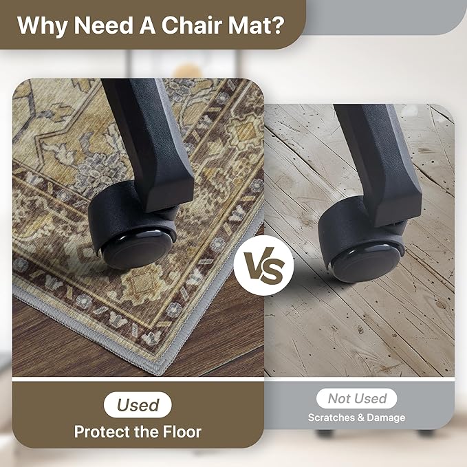 48"x60" Office Chair Mat for Hardwood Tile Floor, Under Desk Carpet Protector for Rolling Computer Chair Mat, Machine Washable Area Rug, Anti-Slip 1/5" Thick Low Pile Thin Vinyl Floor Mat, Brown