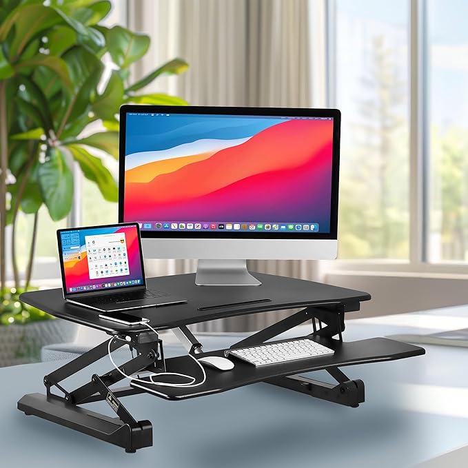 Mount-It! Electric Standing Desk Converter 35.4" Quick Sit Stand Desk Riser, Computer Workstation Motorized Easy Convertor with Built-in USB Charging Port, Ergonomic Height Adjustable in Black