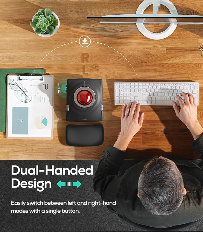 Nulea M512 Wireless Trackball Mouse, Ergonomic 55mm Trackball, 4 Level Adjustable DPI for Precise Control, Left or Right Hand Compatible, Rechargeable, Multi-Device Bluetooth & 2.4GHz for PC, Laptop