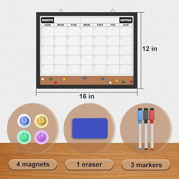 Monthly Calendar Dry Erase Board 16x12 Inch, Double-Sided Whiteboard and Corkboard Combo with Black MDF Frame, Wall Mounted Planner with Markers, Magnets, Push Pins, Eraser