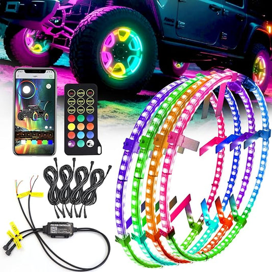 Tavaray 4PCS 15.5" Double Sided RGB LED Wheel Ring Lights with APP & Remote Control, 178+DIY Dynamic Modes w/Turn Signal Braking and Reverse Function Wheel Lights for Trucks Pickups Cars Offroad
