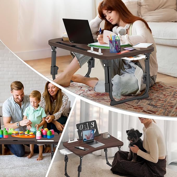 Lap Desk for Bed Adjustable Height, Foldable Bed Table with Storage Drawer, Tablet Slot & Cup Holder, Portable Laptop Stand for Bed & Sofa, Bed Desk for Adults & Kids, Walnut