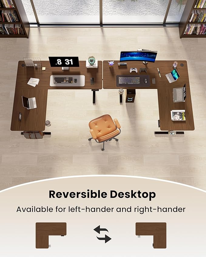 75X61 Inches Reversible L Shaped Standing Desk Height Adjustable, Electric Corner Computer Desk with Cup Holder, Sit Stand up Home Office Desk, Ergonomic Gaming Desk, Black Walnut