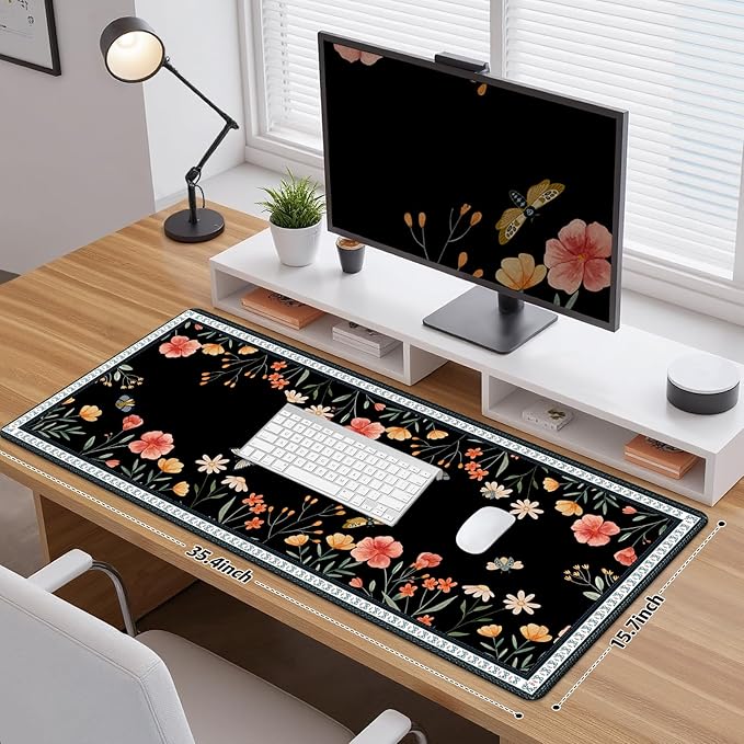 Desk Pad for Keyboard and Mouse, Large Mouse Pad for Desk, Non-Slip Keyboard Mat, Computer Mats for Desk, Cute Desk Pad with Stitched Edges for Office, Gaming I Black Butterflies Flowers