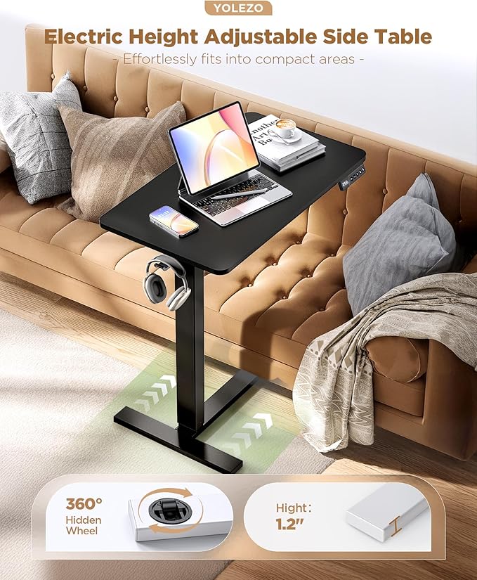 Overbed Bedside Table with Wheels, Electric Standing Desk Adjustable Height, Small Computer Desk for Home Office, Rolling Laptop Desk for Bed, Sofa, or Hospital Use (24"x16",Black)