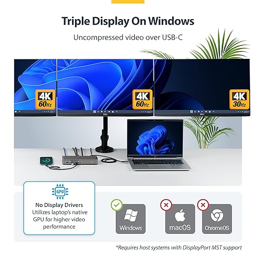 StarTech.com USB-C Docking Station Triple 4K 60Hz Displays, 100W Power Delivery, 6 USB Ports (10Gbps), Gigabit Ethernet, DisplayPort + HDMI, Driverless Windows Laptop Dock (199N-USBC-DOCK)