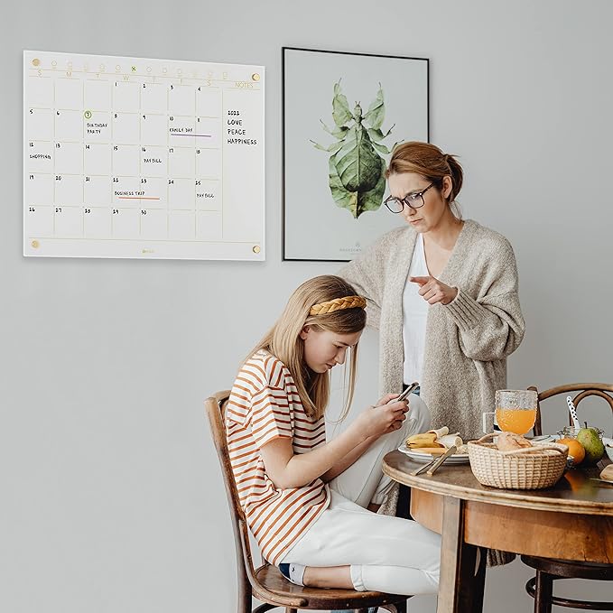 Glass Golden Monthly Dry Erase Calendar Whiteboard for Wall, 17" x 23", Frameless Large Monthly Planner Menu White Board for Home Kitchen, Office, 4 Wet Erase Markers Included, Yeoux