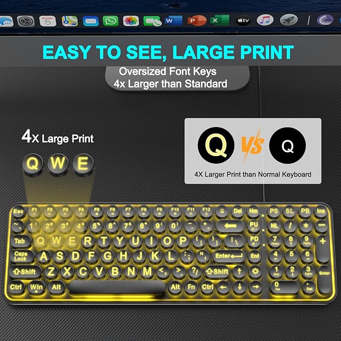Large Print Backlit Keyboard, Wired USB Lighted Computer Keyboards with 7-Color Backlit, Oversized Print Letters, Quiet Typewriter Keyboard with Retro Round Keycaps for Windows PC, Laptop