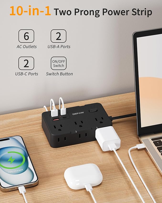 2 Prong to 3 Prong Adapter Power Strip, 5FT Black Extension Cord with 6 Outlets & 4 USB Ports (2 USB-C), 1050J Two Prong Surge Protector, Wall Mount - Ideal for Old Houses