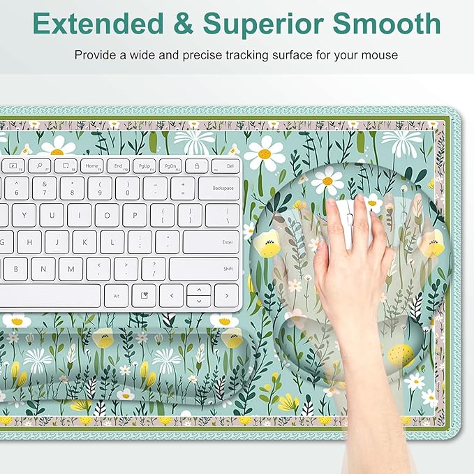 Floral Desk Mat, 4in1 Large Mouse Pad with Wrist Rest, Desk Matt for Desktop, Desk Pad Mat, Anti-Slip XXL Computer Ergonomic Mousepad with Wrist Support for Keyboard and Mouse I Green Elegant Flowers