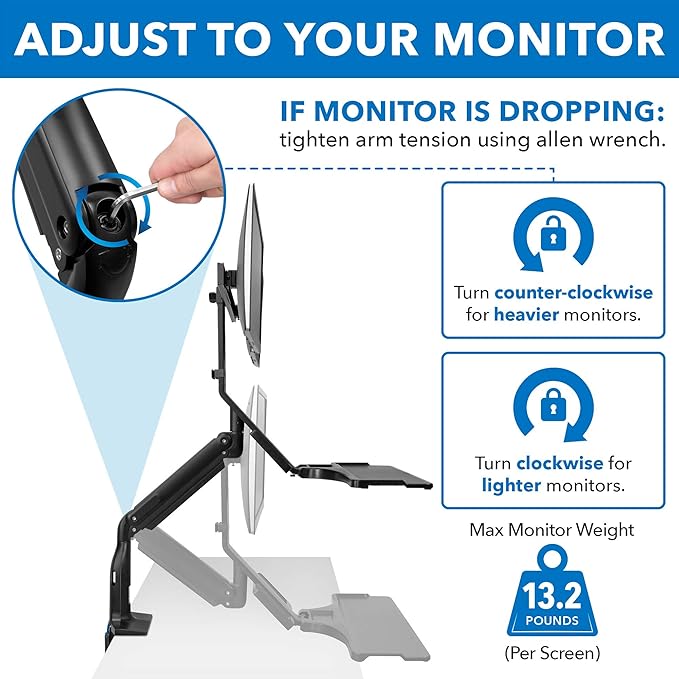 Mount-It! Dual Monitor Arm Desk Mount Sit-Stand Workstation with 2 USB 3.0 Ports, Height Adjustable 23.1–42.9”, Fits Two 17–27” Screens, 13.2 lbs Each, VESA 75x75 100x100, Clamp or Grommet