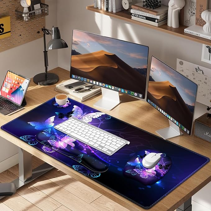 Large Mouse Pad with Wrist Support 4in1 Set, XXL Game Mousepad + Keyboard Wrist Rest+Mouse Wrist Rest+Coaster with Ergonomic Design Gaming Mat for Home Office Table Computer I Purple Butterfly
