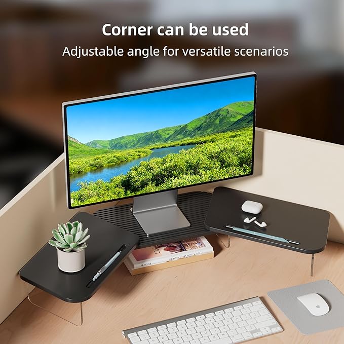 LED Dual Monitor Stand Riser for 2 Monitors,Office Desktop Wooden Stand Adjustable Length and Angle 3 Shelf,Extra Long Multifunctional Stand up to 39.3" for Computer,Laptop,TV,Black