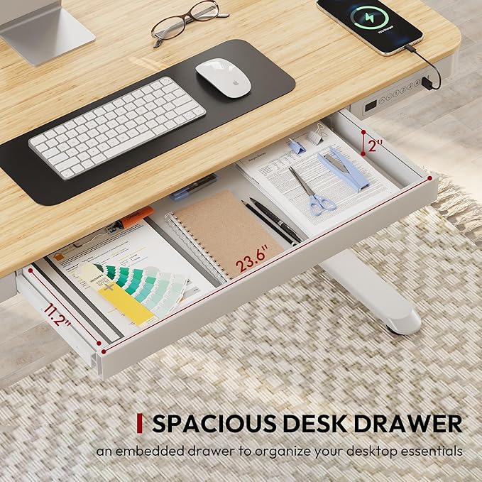 SANODESK Electric Standing Desk with Drawer, Desktop & Adjustable Frame with USB Charge Ports (Bamboo-Look Laminate/White, Wood)