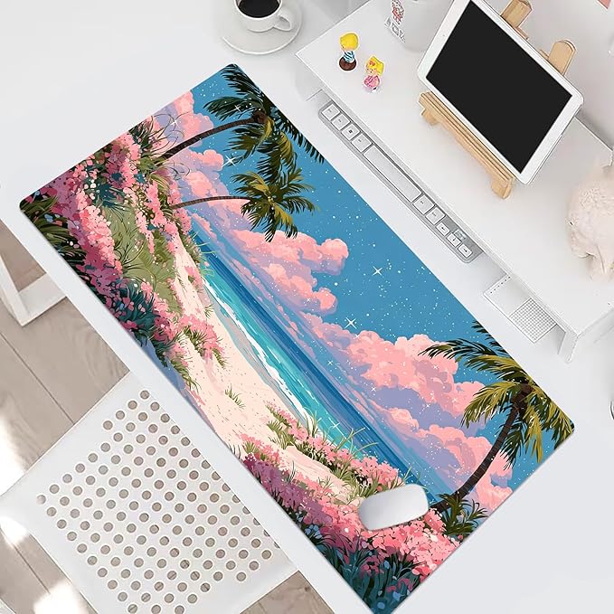 HVEST Pink Floral Beach Mouse Pad, Tropical Ocean Pastel Cloud Desk Mat,Large Mouse Pad for Laptop Computer, Mousepad with Non-Slip Rubber Base and Stitched Edge for Game, Office, Home 31.5'' x 15.7''