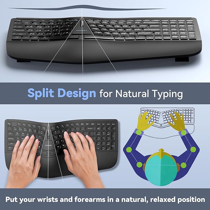 TECKNET Wireless Ergonomic Keyboard Rechargeable, 2.4G+Bluetooth Ergo Cordless USB Computer Keyboard, Wrist Rest, Natural Typing, Stain-Resistant Fabric, Compatible For Windows Computer Desktop Laptop