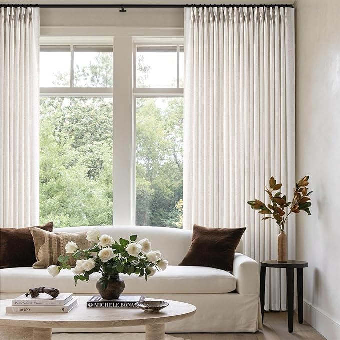 Memory Trained Pinch Pleated Curtains 96 Inches Long, Viral Linen Pinch Pleat Sheer Curtains with Ring Hooks&Clips for Track System Living Room, Natural Light Filtering Privacy Curtain 2 Panel Set