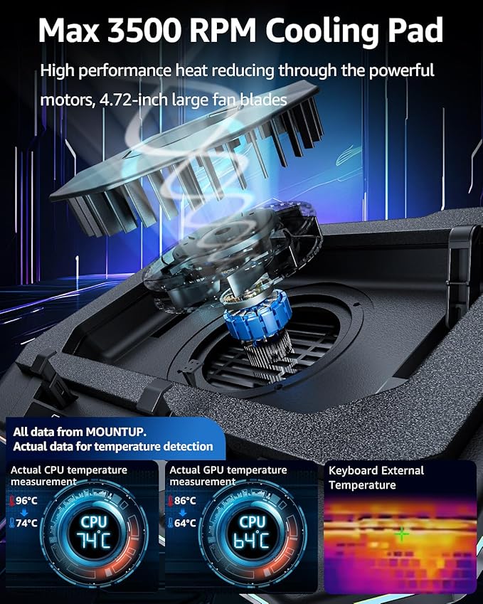 Gaming Laptop Cooling Pad, Height Adjustable Laptop Fan Cooling Pad for Max 19 Inches Notebook, RGB Laptop Cooler Stand with Powerful Turbofan (3500 RPM), Touch Control
