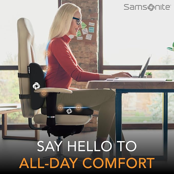 SAMSONITE – 2 in 1 – Lumbar Support and Seat Cushion, High Grade Motion Balanced Memory Foam, Fits Most Office Chairs and Car Seats, Elevate Your Work & Life and Enhances Focus Throughout Your Day…