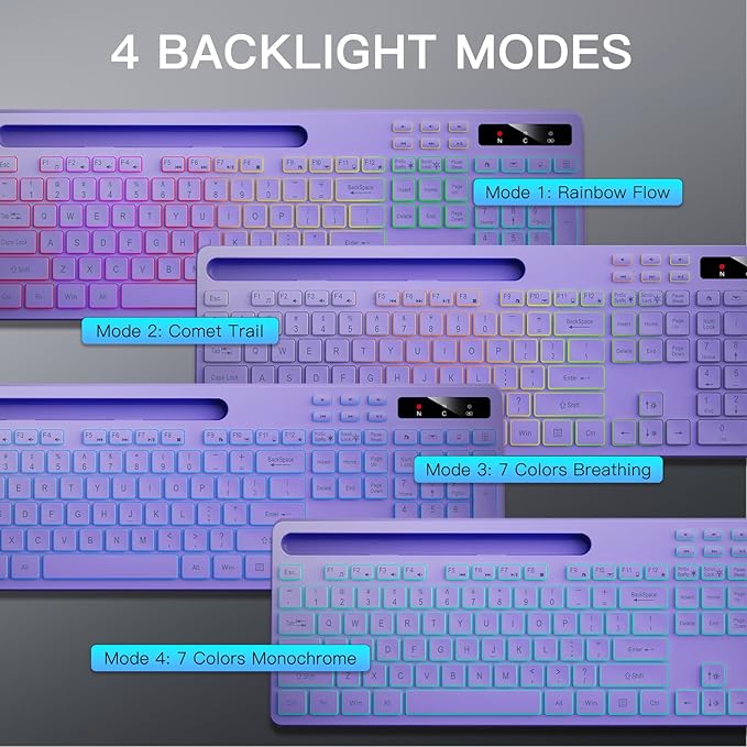 Wireless Keyboard with 7-Color RGB Backlit, Full-Size Computer Keyboard with Phone Tablet Holder, 2.4G Rechargeable Gaming Keyboard with Light Up Keys, Compatible with Mac, Windows (Purple)