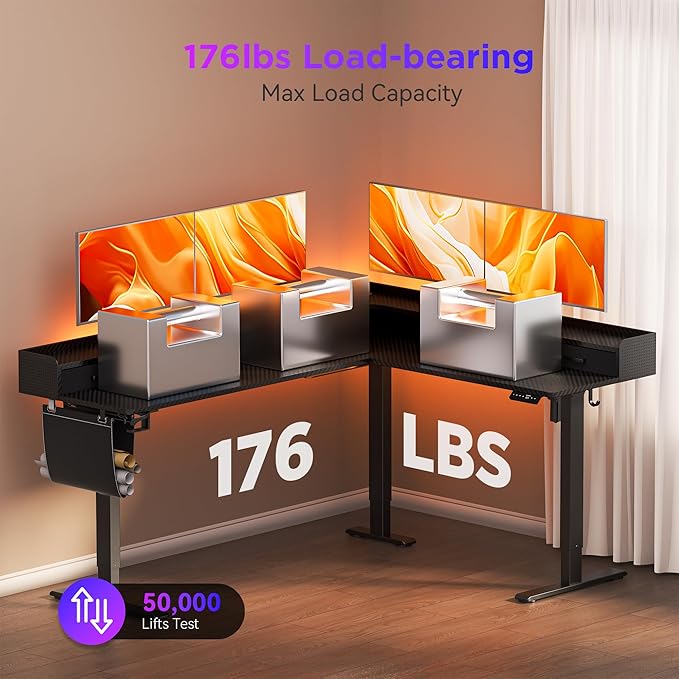 75 Inches Height Adjustable L Shaped Standing Desk with 5 Drawers and Monitor Shelf, Electric Sit to Stand Home Office Comupter Table, Ergonomic Corner Gaming Desk, Black