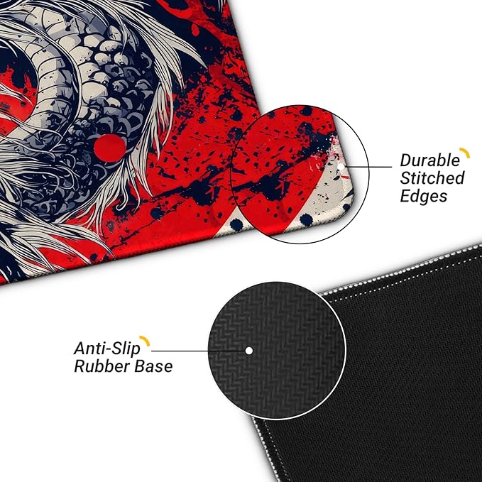 Japanese Dragon Gaming Mouse Pad with Non-Slip Rubber Base, Large Anime Mousepad with Stitched Edges, Long Keyboard Desk Mat for Home and Office, 31.5 x 11.8 inches